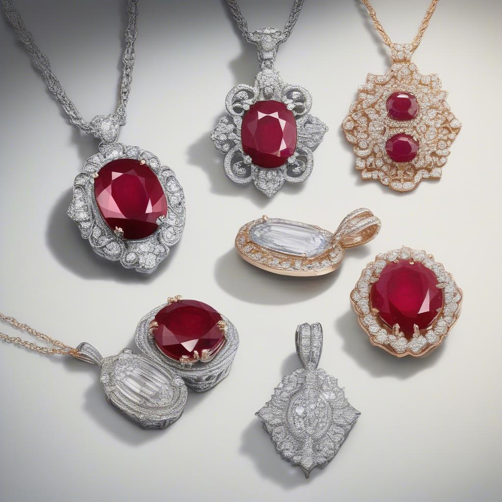 Hình ảnh minh họa các kiểu mặt dây chuyền đá ruby khác nhau, giúp người đọc lựa chọn kiểu dáng phù hợp với phong cách và sở thích.