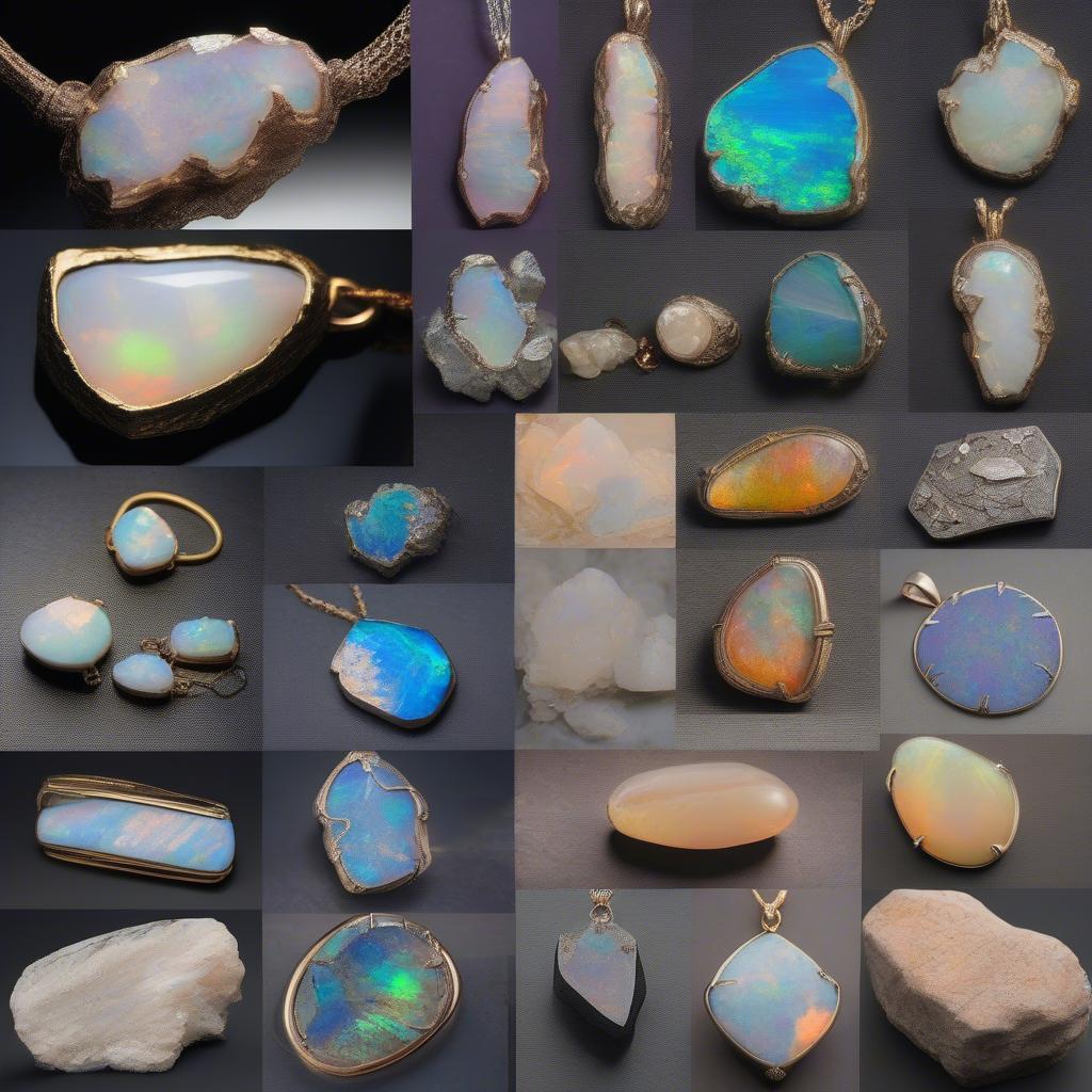 Hình ảnh minh họa đá opal thô và đã được chế tác thành mặt dây chuyền, thể hiện vẻ đẹp tự nhiên và sự tinh xảo trong chế tác.