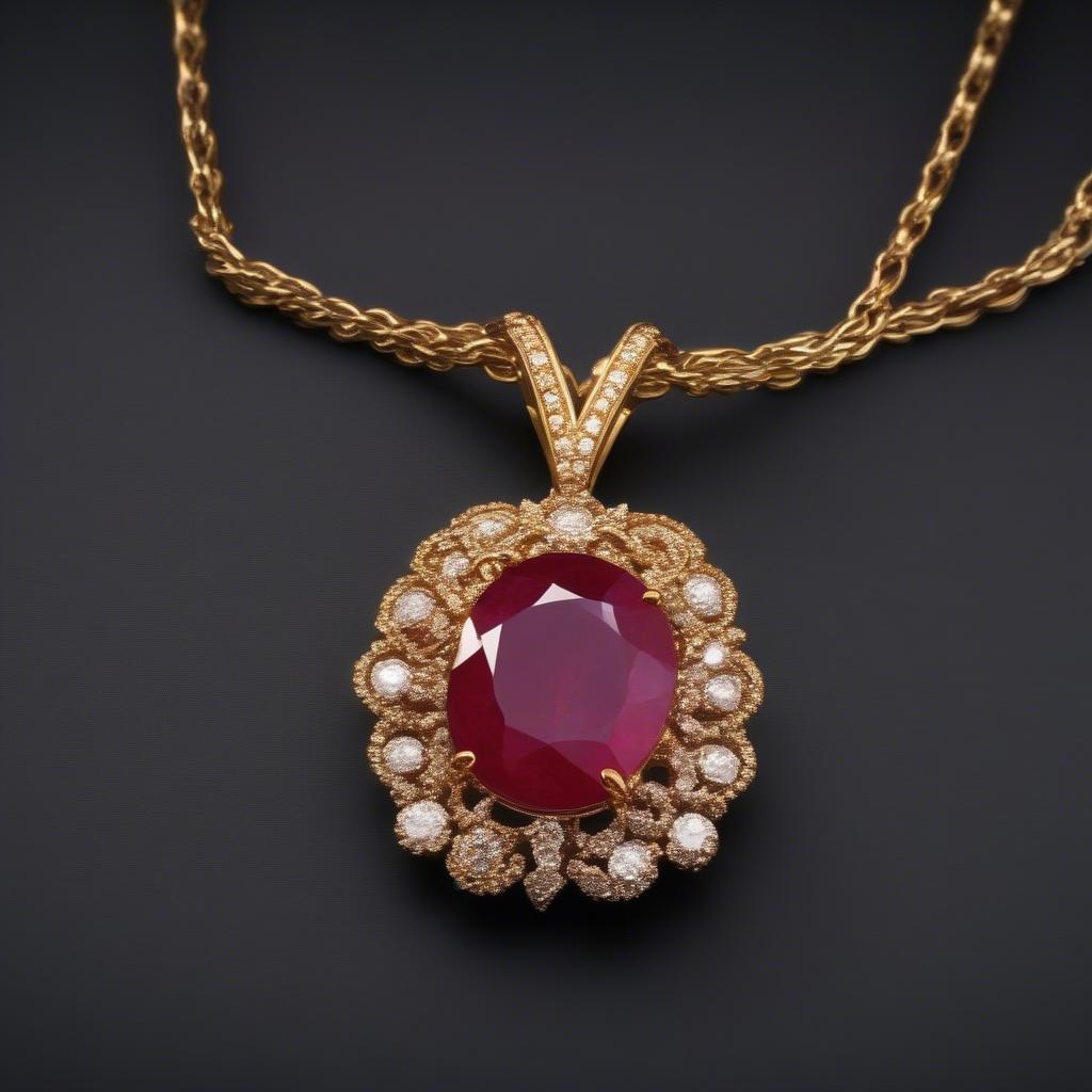 Dây chuyền vàng tây mặt đá ruby đỏ rực rỡ, nổi bật trên nền đen, thể hiện sự sang trọng và quý phái.