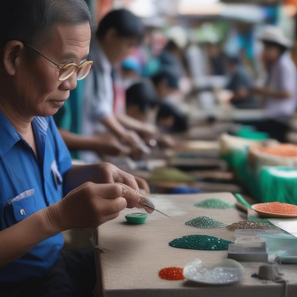 Kiểm tra đá quý tại chợ Hoàng Hoa Thám