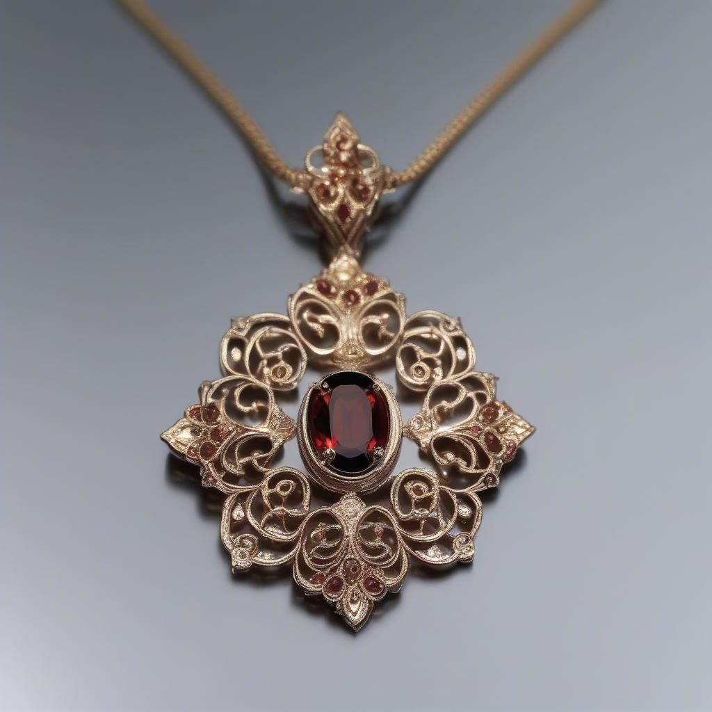 Hình ảnh cận cảnh mặt dây chuyền đá Garnet, thể hiện vẻ đẹp lấp lánh của viên đá cùng những đường nét tinh xảo trong thiết kế, mang đến sự sang trọng và ý nghĩa phong thủy.