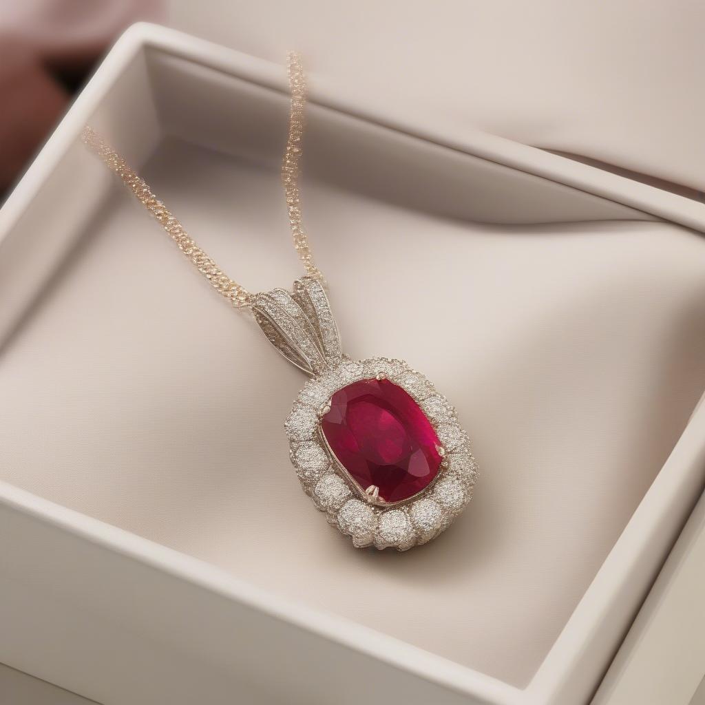 Hình ảnh một hộp quà sang trọng bên trong là mặt dây chuyền đá ruby lấp lánh, thể hiện sự quý giá và ý nghĩa của món quà.