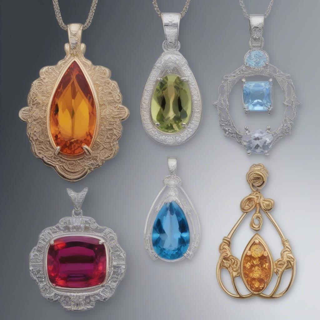 Hình ảnh các loại mặt dây chuyền đá Topaz PNJ với nhiều màu sắc khác nhau, phù hợp với từng bản mệnh trong ngũ hành, giúp người xem dễ dàng lựa chọn.