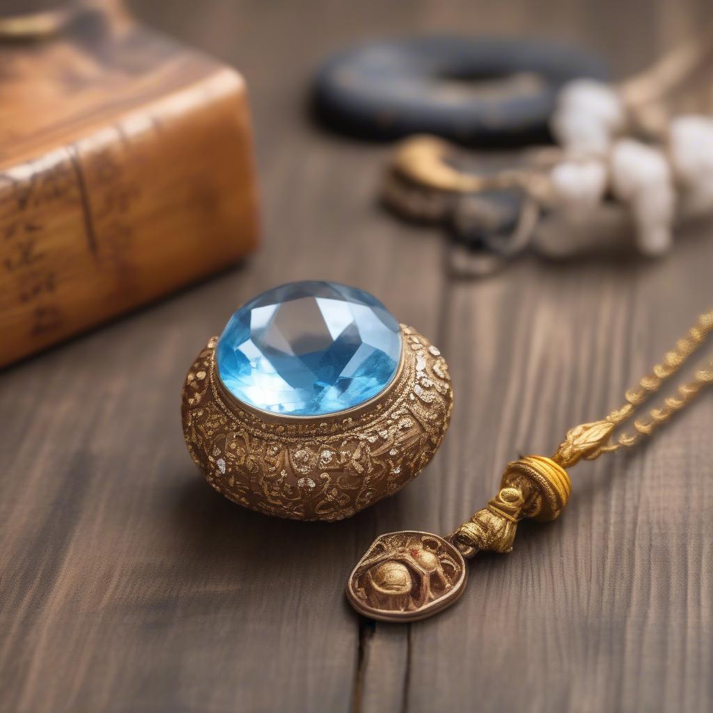 Hình ảnh mặt dây chuyền đá Topaz PNJ được đặt trên bàn gỗ cùng với các vật phẩm phong thủy khác, thể hiện ý nghĩa và tác dụng của nó trong việc cân bằng năng lượng và thu hút may mắn.