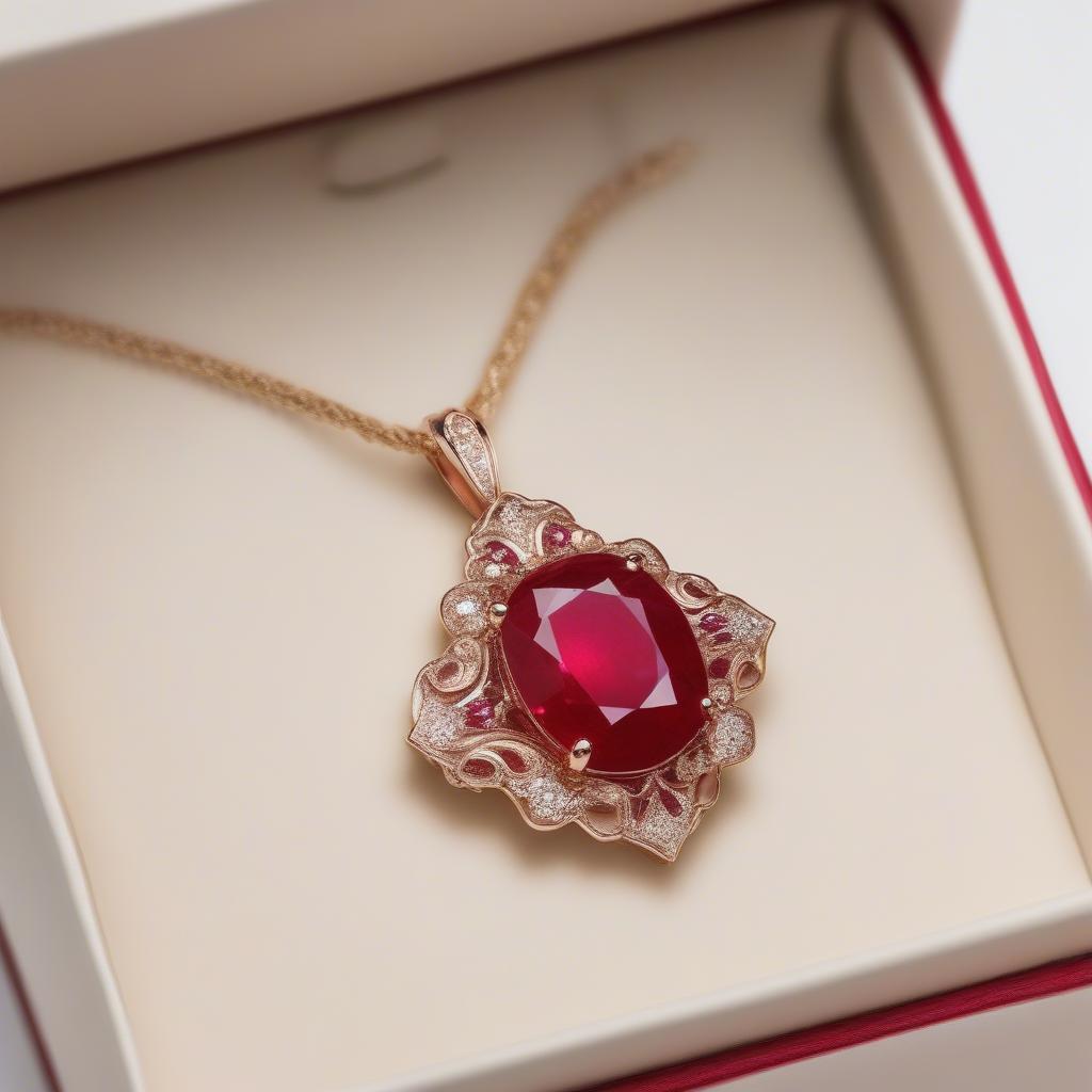 Mặt dây chuyền ruby đỏ được đặt trong hộp quà sang trọng, là món quà ý nghĩa dành tặng người yêu.