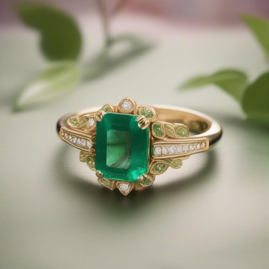 Mặt nhẫn đá quý Emerald xanh lục bảo, tỏa sáng rực rỡ giữa nền xanh lá cây tươi mát