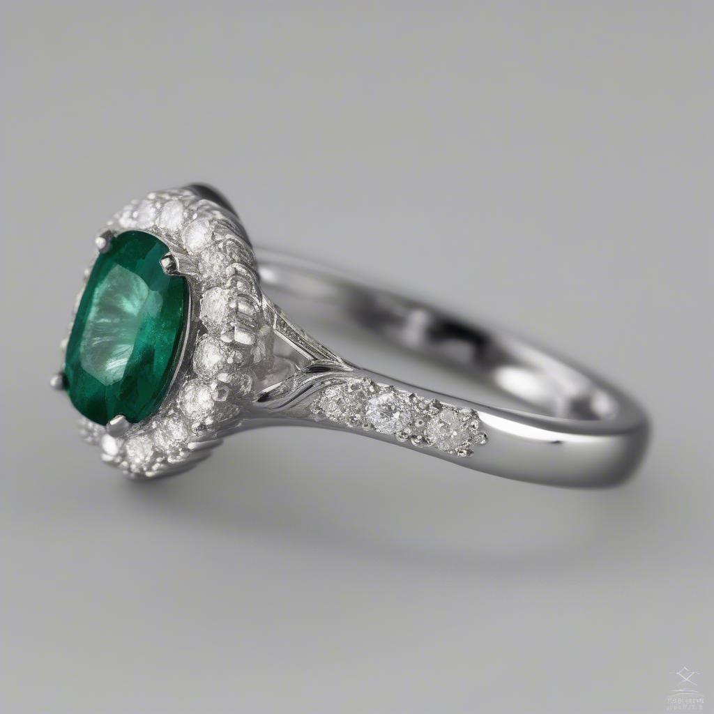 Mặt nhẫn đá quý emerald xanh lá cây sang trọng, được bao quanh bởi những viên kim cương nhỏ lấp lánh.