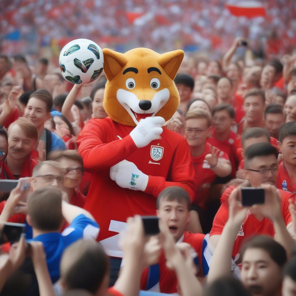 Nhiều người hâm mộ chụp ảnh với sói bông Zabivaka tại World Cup 2018. Hình ảnh cho thấy sự yêu thích của người hâm mộ dành cho linh vật.