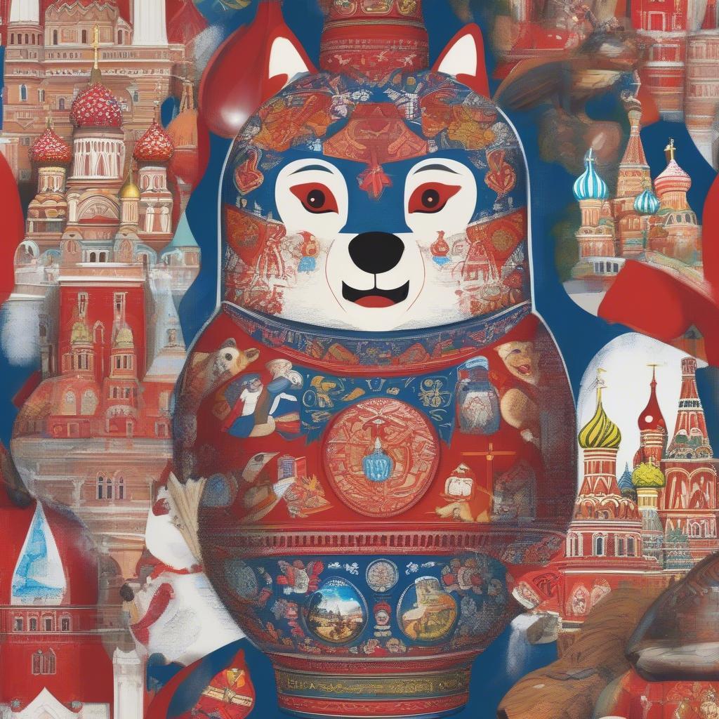 Hình ảnh sói Zabivaka được đặt cạnh các biểu tượng văn hóa Nga khác như búp bê Matryoshka và nhà thờ Saint Basil. Hình ảnh này làm nổi bật mối liên hệ giữa linh vật và văn hóa Nga.