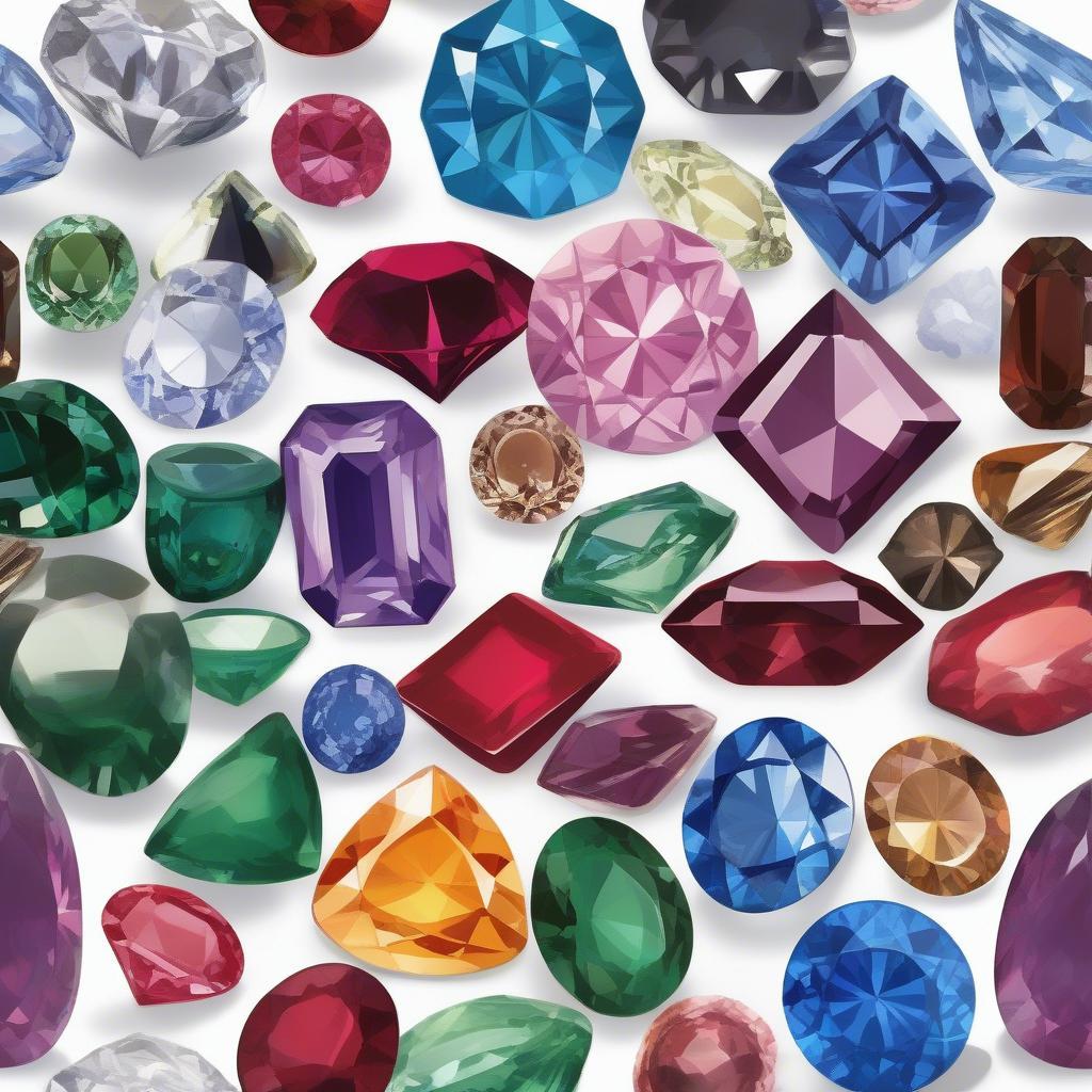 Các loại đá quý - Hình ảnh minh họa các loại đá quý phổ biến như kim cương, ruby, sapphire, emerald, với màu sắc và hình dạng đa dạng.