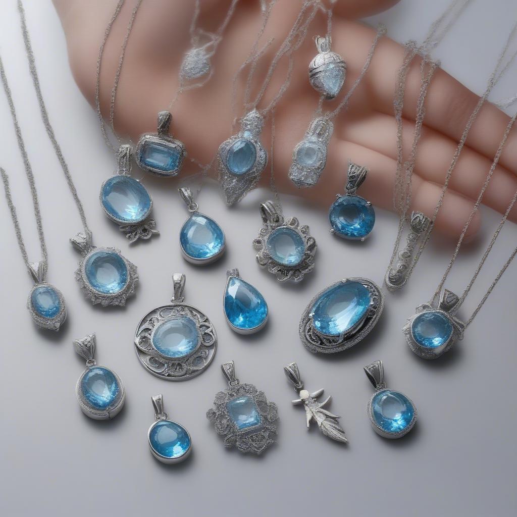 Bàn tay đang lựa chọn giữa các mặt dây chuyền đá topaz xanh với kiểu dáng và kích thước khác nhau.